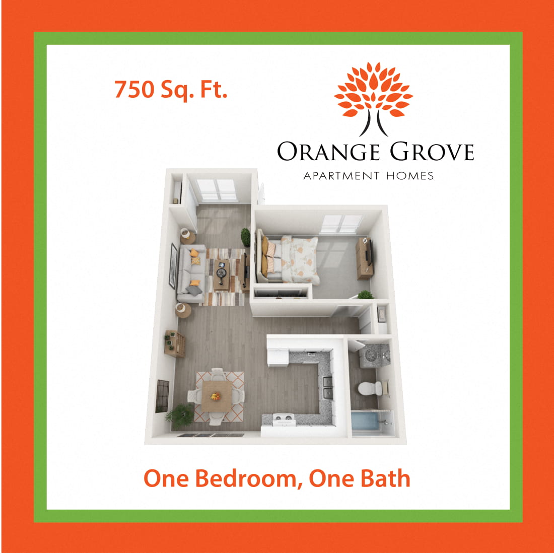 Floor plan for 1 bed, 1 bath, 750 sqft